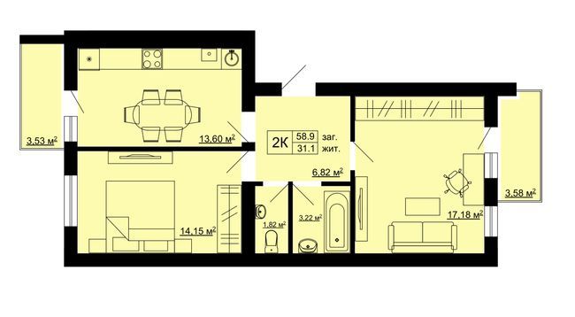 2-комнатная 58.9 м² в ЖК Південний от 15 500 грн/м², с. Сокольники