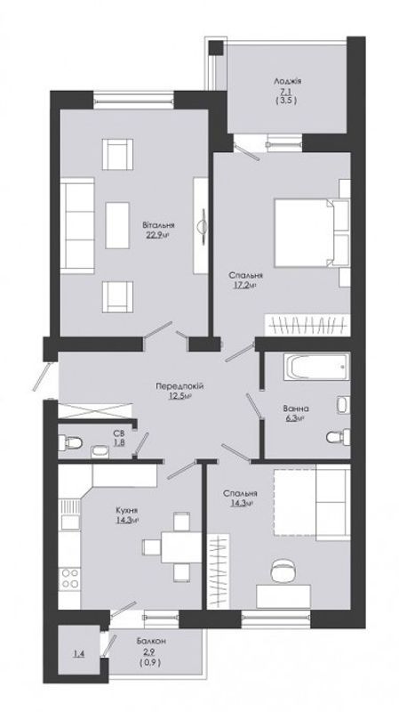 3-кімнатна 92.1 м² в ЖК Сонячний край від 13 950 грн/м², с. Зимна Вода