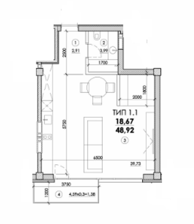 1-кімнатна 48.92 м² в ЖК Молодіжний від 21 450 грн/м², Дніпро