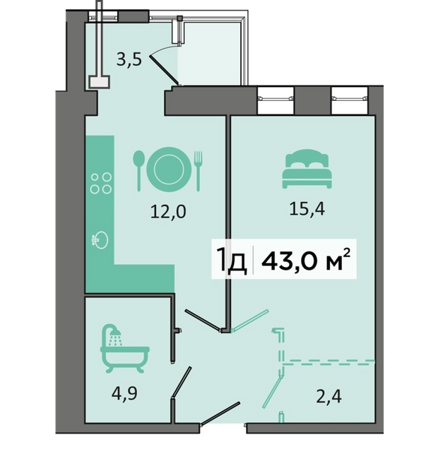 1-комнатная 43 м² в ЖК Dubinina от 27 000 грн/м², Днепр