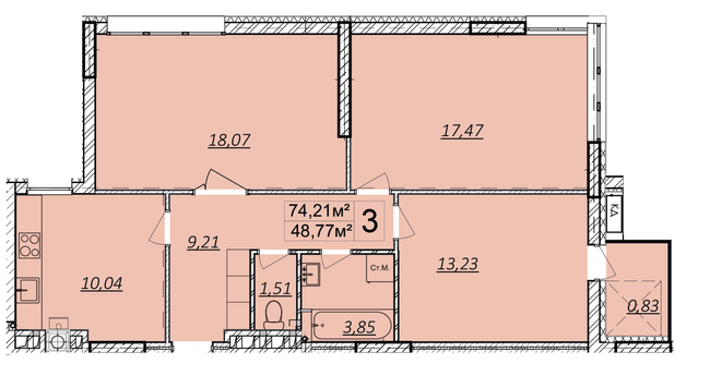 3-комнатная 74.21 м² в ЖК Дружба Хаус от 12 800 грн/м², г. Волочиск