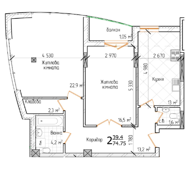 2-кімнатна 74.75 м² в ЖК Маєток Буковинський від 24 050 грн/м², Чернівці