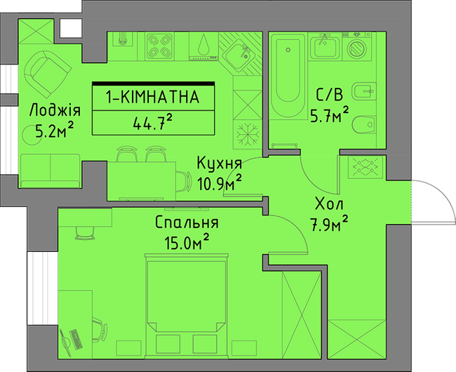 1-комнатная 44.7 м² в ЖД Липинський+ от застройщика, с. Липины