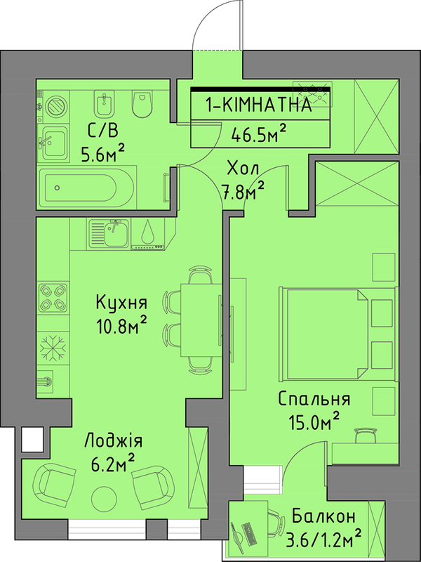 1-комнатная 46.5 м² в ЖД Липинський+ от застройщика, с. Липины
