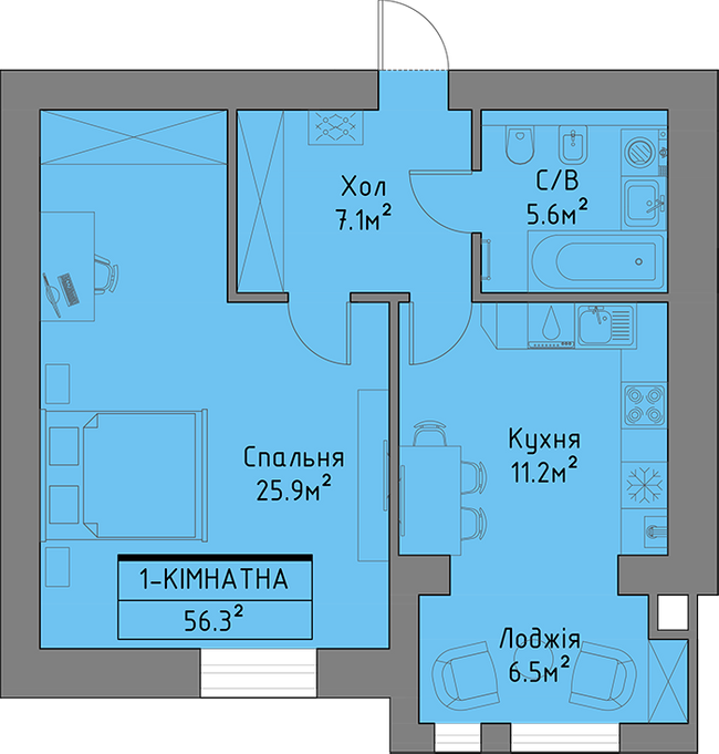 1-комнатная 56.3 м² в ЖД Липинський+ от застройщика, с. Липины
