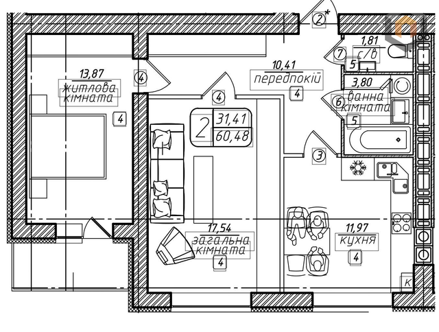 2-комнатная 60.48 м² в ЖК Западный от застройщика, Винница