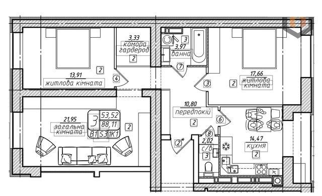 3-комнатная 89.16 м² в ЖК Западный от 14 000 грн/м², Винница