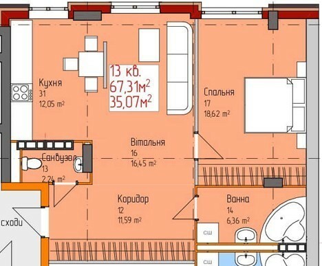 1-комнатная 67.31 м² в ЖК на ул. Муры от 34 250 грн/м², Винница