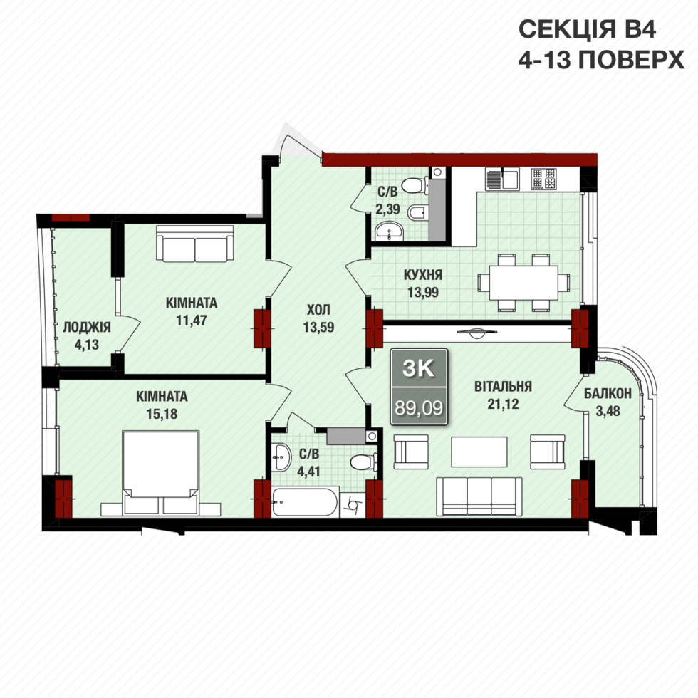 3-комнатная 89.09 м² в ЖК Президент Холл от застройщика, Житомир