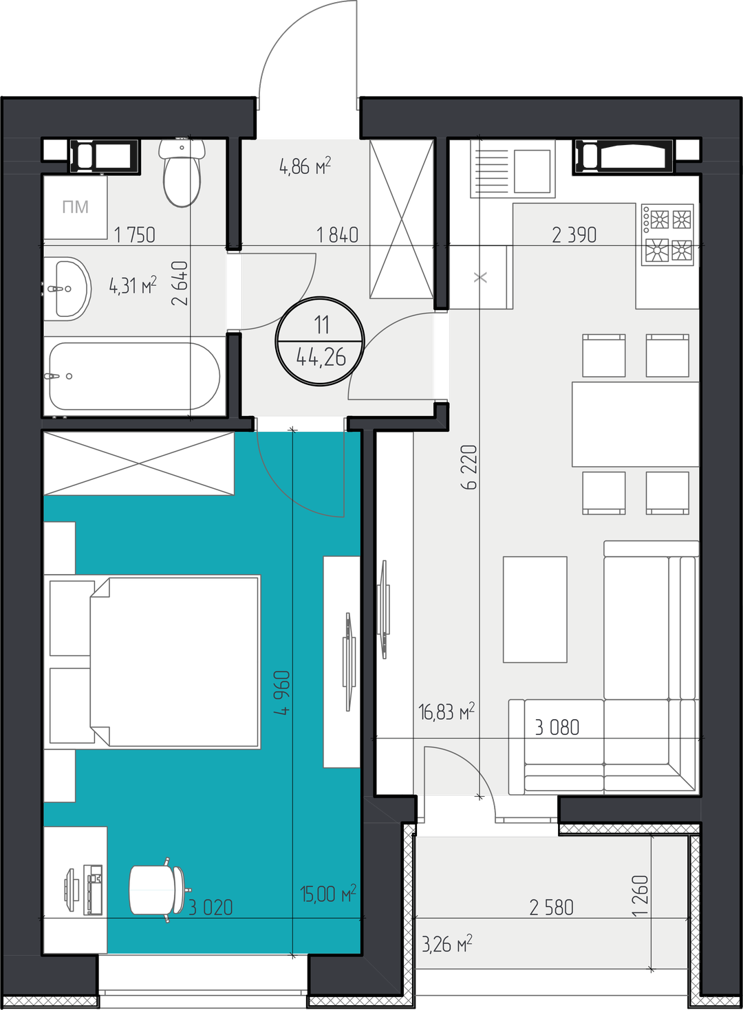 1-кімнатна 44.26 м² в ЖК 3V Volkova від 17 750 грн/м², Кропивницький