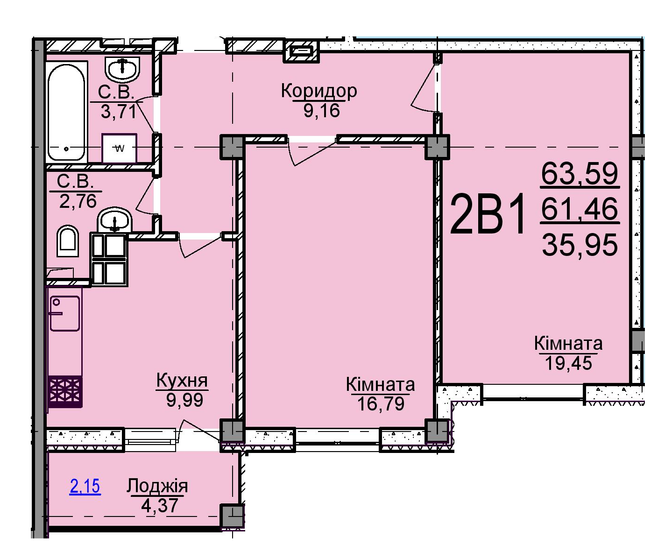 2-кімнатна 63.59 м² в ЖК Пушкіна від 16 500 грн/м², Черкаси