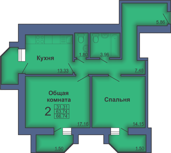 2-комнатная 66.74 м² в ЖК на пл. Павленковская, 3А от застройщика, Полтава