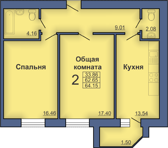 2-комнатная 64.15 м² в ЖК на ул. Мира, 18В от застройщика, Полтава