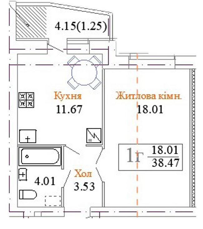 1-комнатная 38.47 м² в ЖК по просп. Миру, 63 А, Б, В от застройщика, Хмельницкий