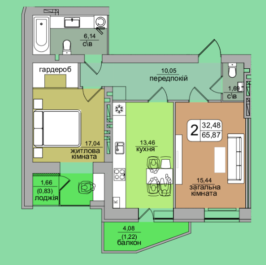 2-комнатная 65.87 м² в ЖК Green's от застройщика, Винница