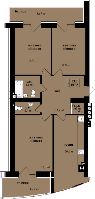 3-комнатная 107.5 м² в ЖК на ул. Героев Майдана, 150 от 20 650 грн/м², Черновцы