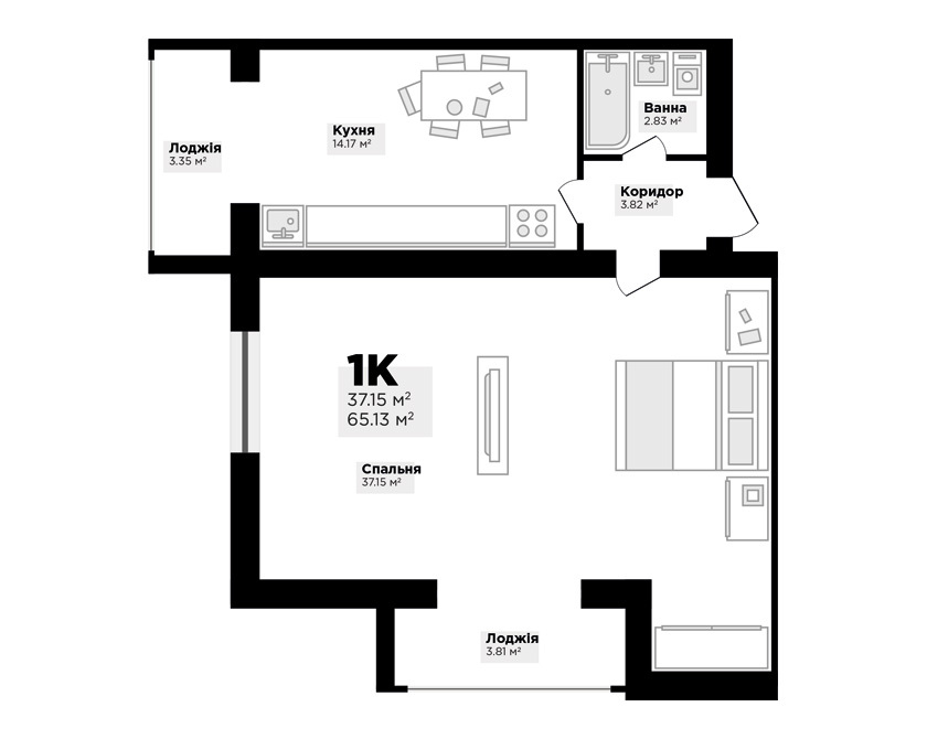 1-комнатная 65.13 м² в ЖК Джем Таун от 14 100 грн/м², с. Мукша Китайгородская