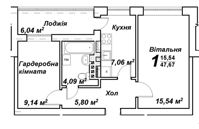 1-кімнатна 47.67 м² в ЖК Молодіжне містечко від 14 500 грн/м², с. Крюківщина