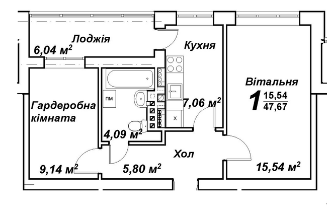 1-комнатная 47.67 м² в ЖК Молодежный городок от 14 500 грн/м², с. Крюковщина