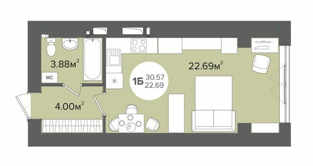 1-комнатная 30.57 м² в ЖК Wonderwood от застройщика, г. Буча