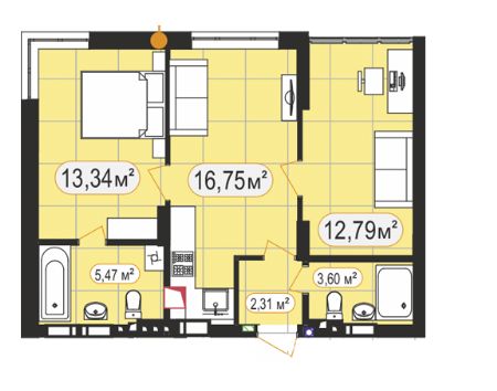 2-комнатная 54.26 м² в ЖК 7'я от 24 000 грн/м², с. Счастливое