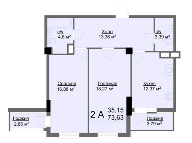 2-комнатная 73.63 м² в ЖК Ключ от застройщика, Харьков