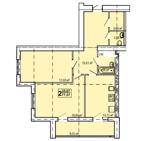 2-комнатная 77.57 м² в ЖК Луч от 13 200 грн/м², Харьков