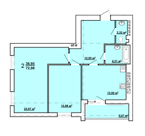 2-комнатная 72.98 м² в ЖК Мира-2 от 9 700 грн/м², Харьков