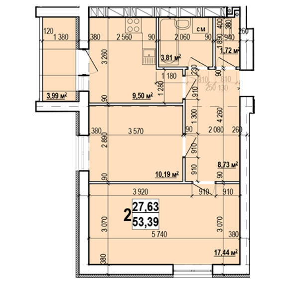 2-кімнатна 53.39 м² в ЖК Миру-3 від 10 800 грн/м², Харків