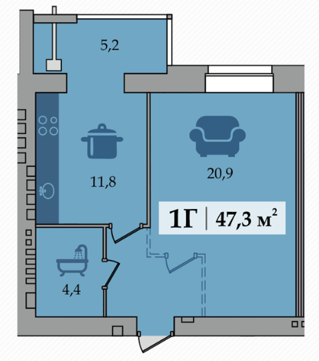 1-кімнатна 47.3 м² в ЖК Щасливий від 15 000 грн/м², Дніпро