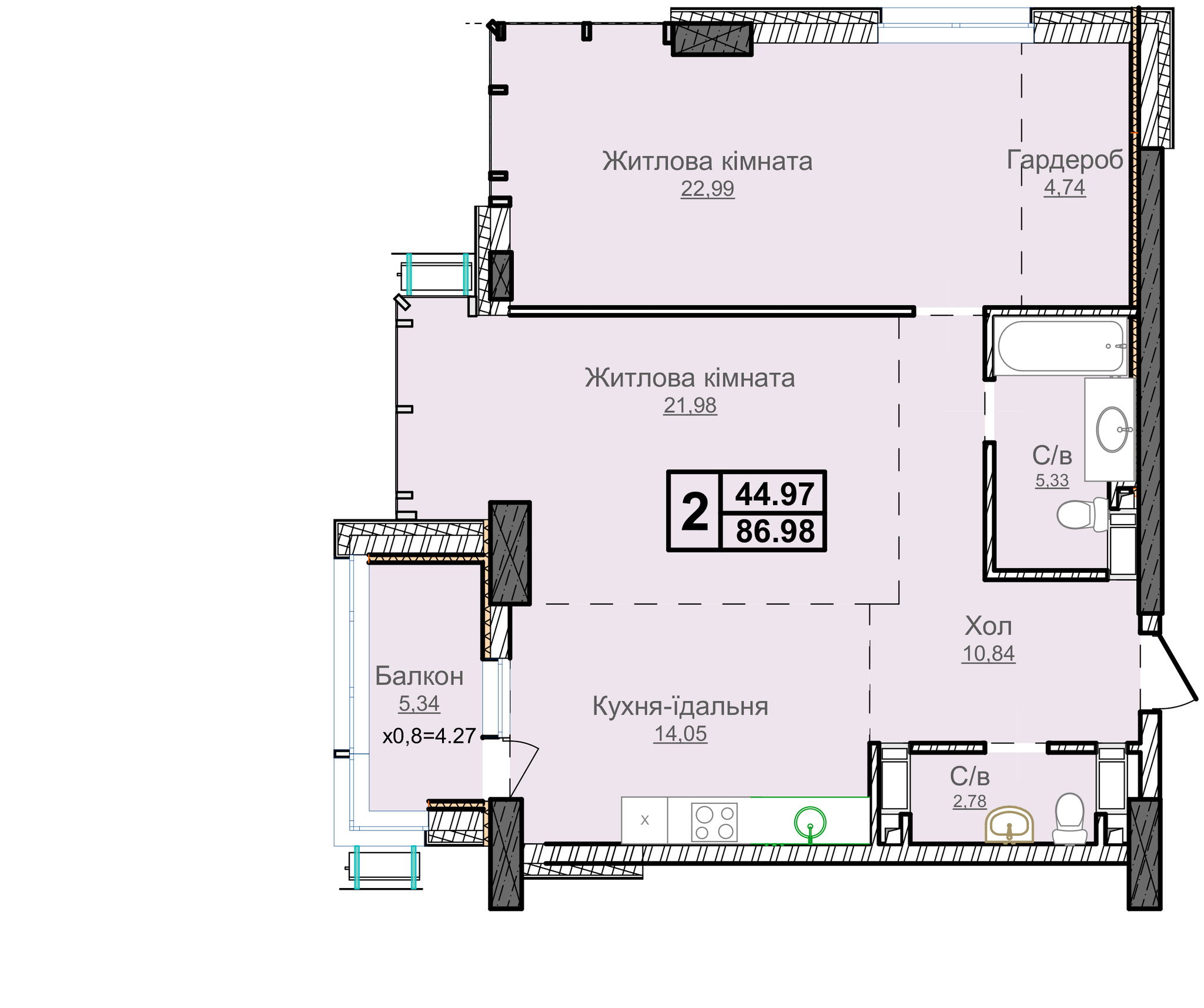 2-комнатная 86.98 м² в ЖК Новопечерские Липки от 67 200 грн/м², Киев