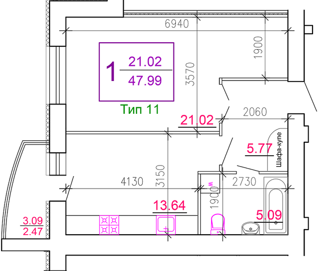 1-кімнатна 47.99 м² в ЖМ Поділля від 21 250 грн/м², Вінниця