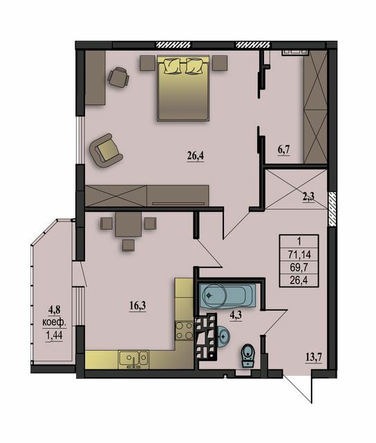 1-комнатная 71.14 м² в ЖК Премьер Холл от 13 400 грн/м², Житомир