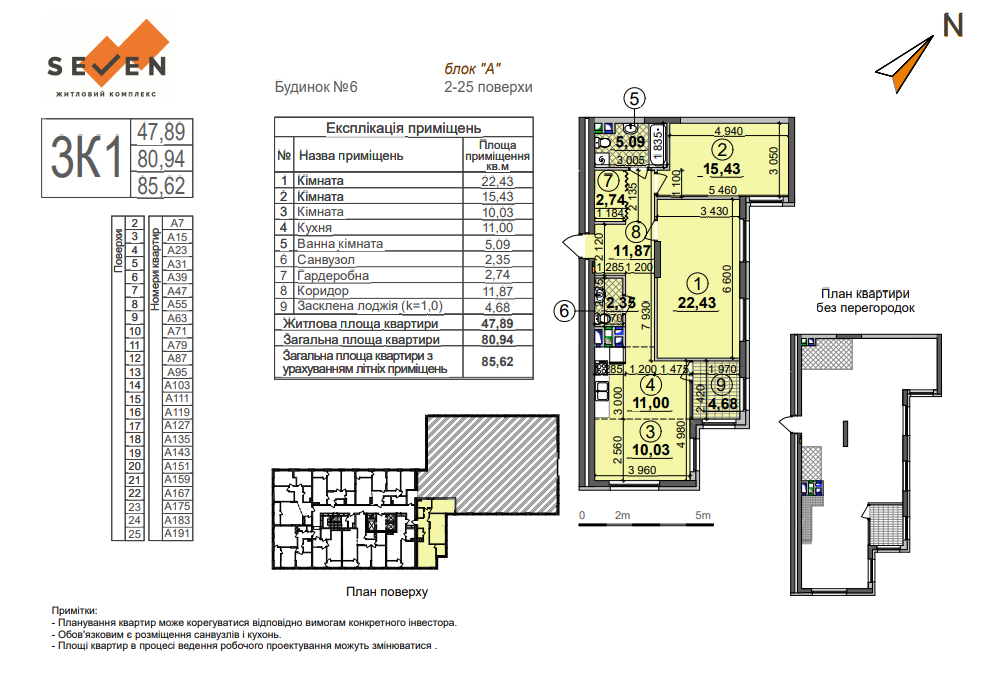 3-комнатная 85.62 м² в ЖК Seven от 23 750 грн/м², Киев