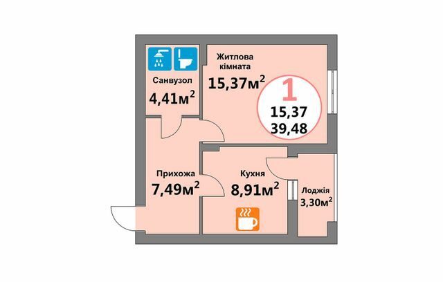 1-кімнатна 39.48 м² в ЖК Еко-дім на Мечникова 3 від 31 000 грн/м², Львів