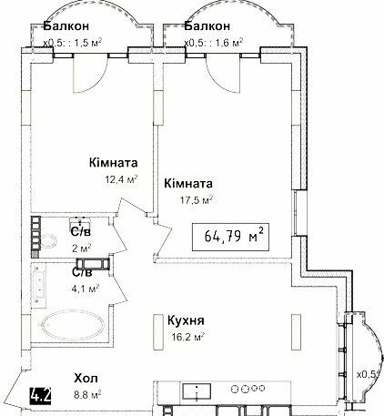 2-комнатная 64.79 м² в КД Воронцовский от застройщика, Одесса