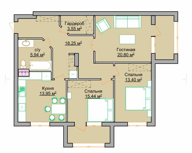 3-комнатная 90.3 м² в ЖК на ул. Мандрыковская, 134, 136 от застройщика, Днепр