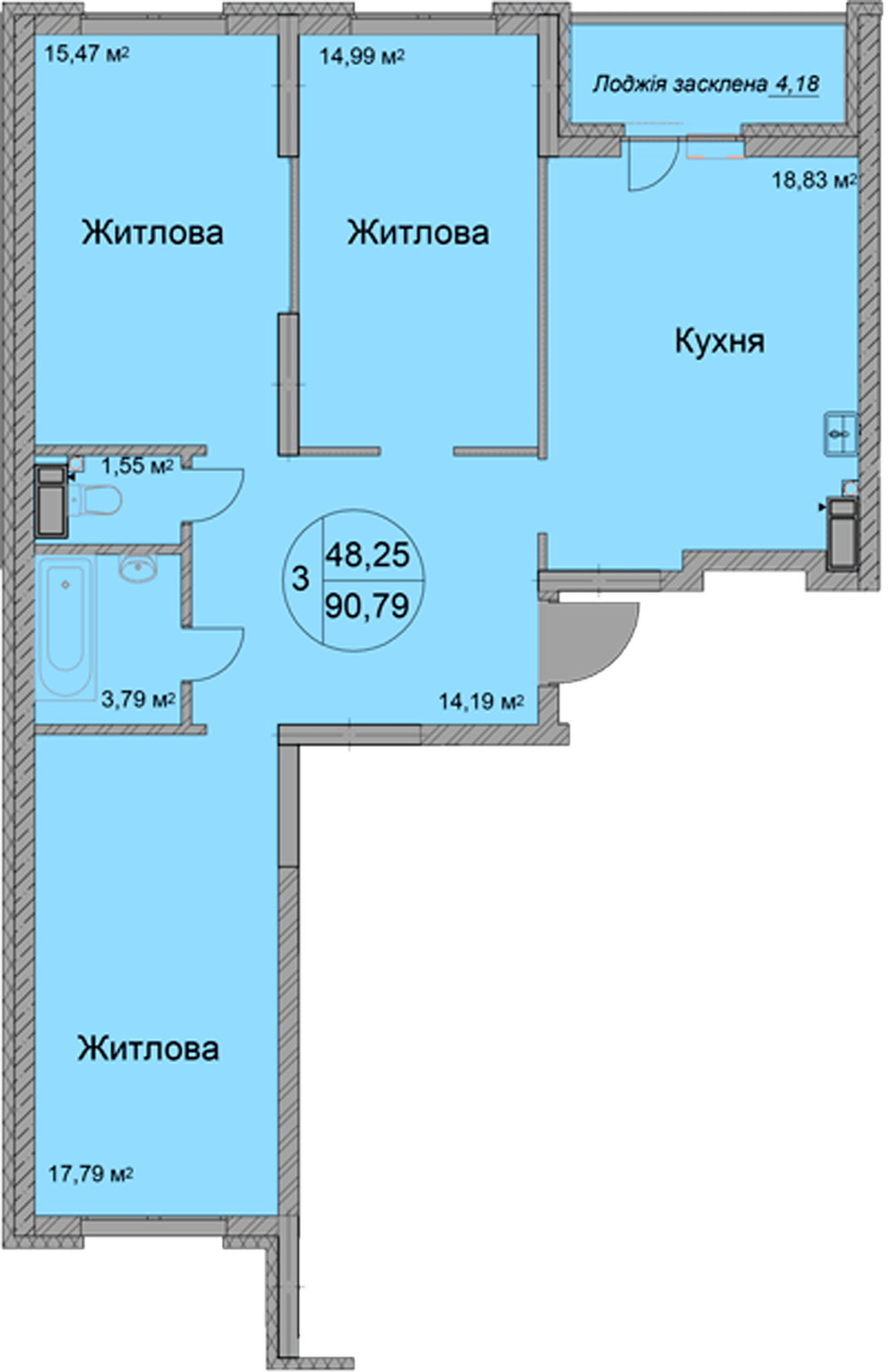 3-комнатная 90.79 м² в ЖК Святобор от 27 950 грн/м², Киев