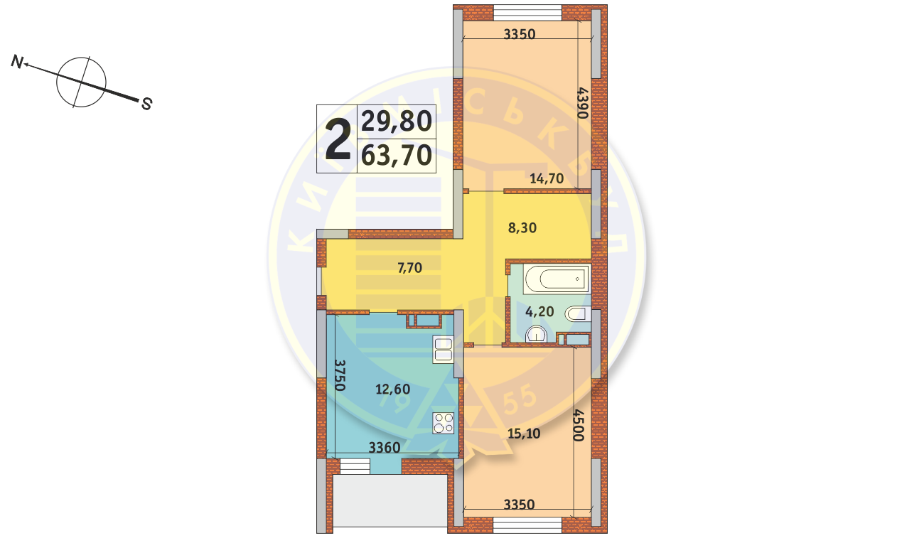 2-комнатная 63.7 м² в ЖК Новомостицко-Замковецкий от застройщика, Киев