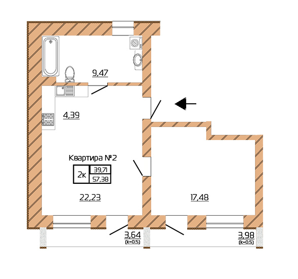 2-комнатная 57.38 м² в КД Corner от застройщика, Киев