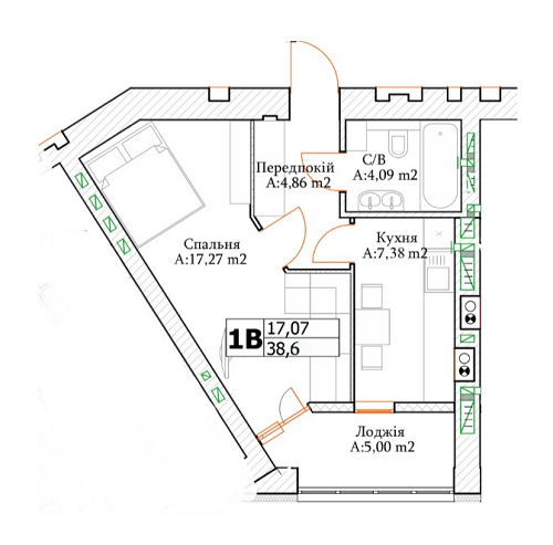 1-комнатная 38.6 м² в ЖК Green Life-3 от 25 850 грн/м², г. Ирпень