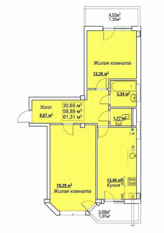 2-кімнатна 61.31 м² в ЖК Маріїнський від забудовника, смт Великодолинське