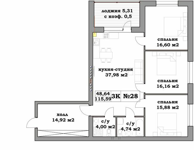 3-комнатная 115.59 м² в ЖК Клеменова Дача от застройщика, Харьков