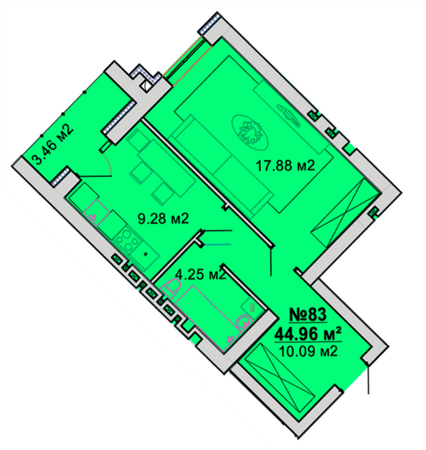 1-комнатная 44.96 м² в ЖМ Радуга от 15 000 грн/м², Винница