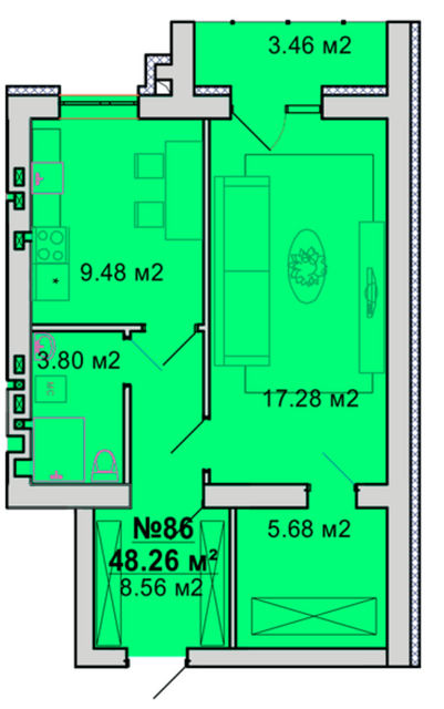 1-комнатная 48.26 м² в ЖМ Радуга от 15 000 грн/м², Винница