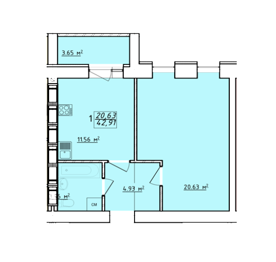 1-кімнатна 42.91 м² в ЖК Левада від забудовника, Харків