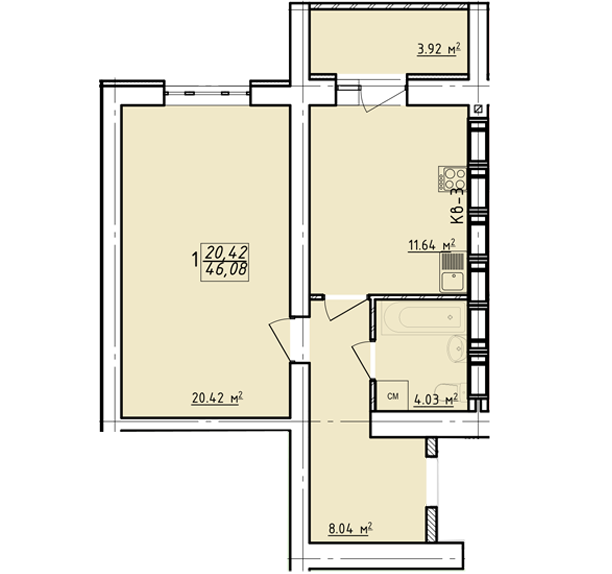 1-комнатная 46.08 м² в ЖК Левада от застройщика, Харьков