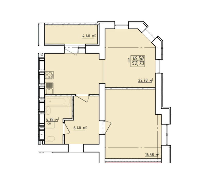 1-кімнатна 52.73 м² в ЖК Левада від забудовника, Харків