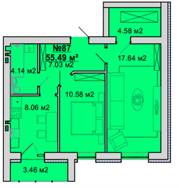 2-комнатная 55.49 м² в ЖМ Радуга от 15 000 грн/м², Винница