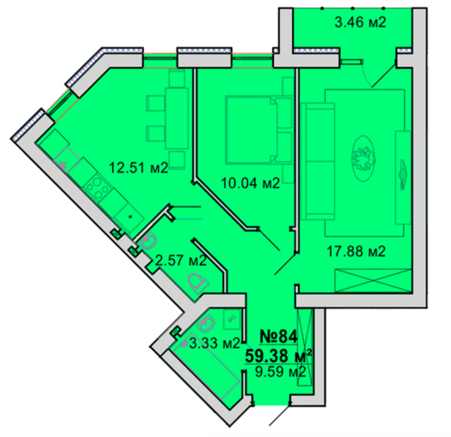 2-комнатная 59.38 м² в ЖМ Радуга от 15 000 грн/м², Винница